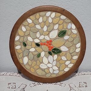 VTG Tile Mosaic Trivet Cheese Board Oak Wood Frame MCM Leaf Handmade signed TX